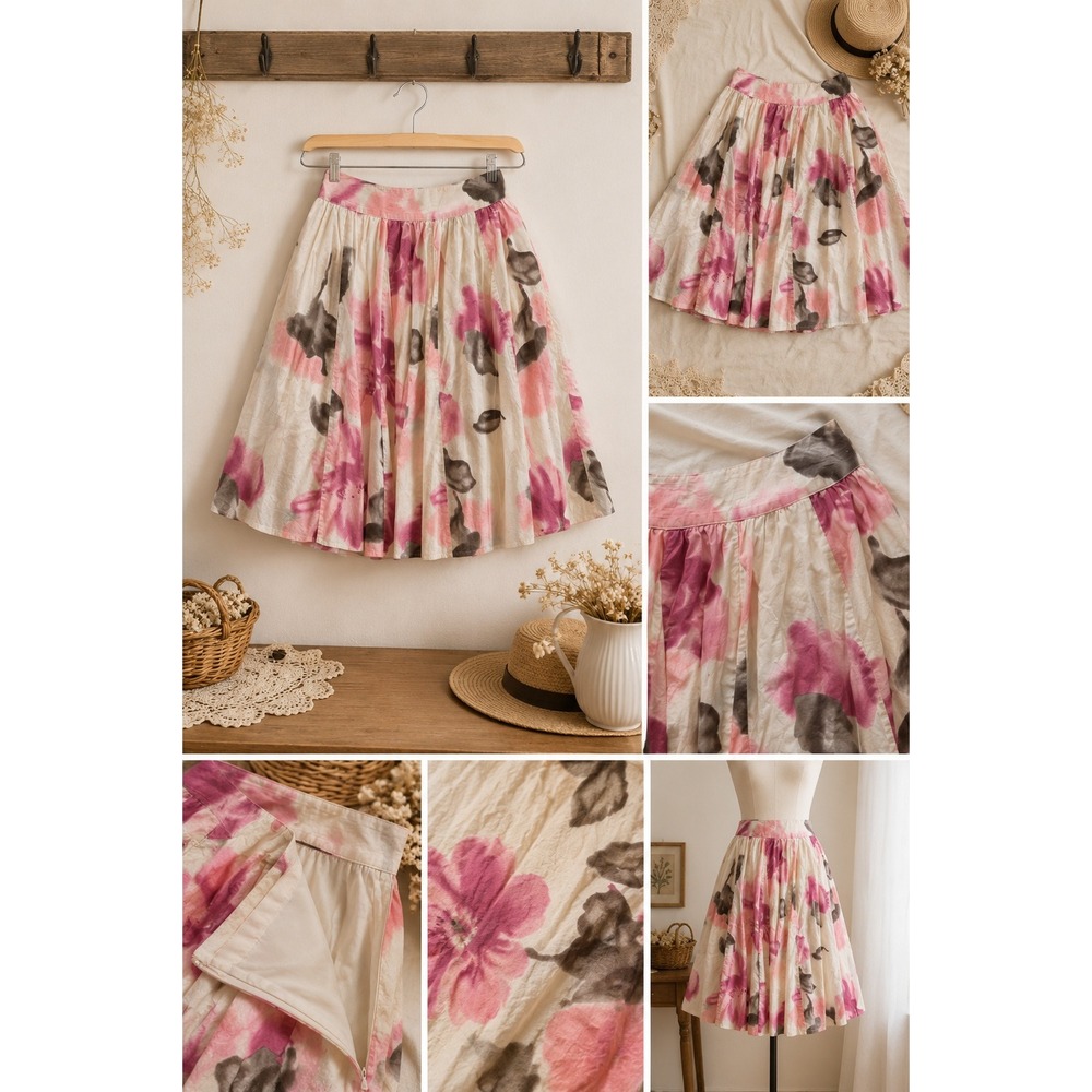 Vintage Nygard Cream Pink Floral Full Skirt Cotton Lined Twee Western Sz 6 Rodeo
